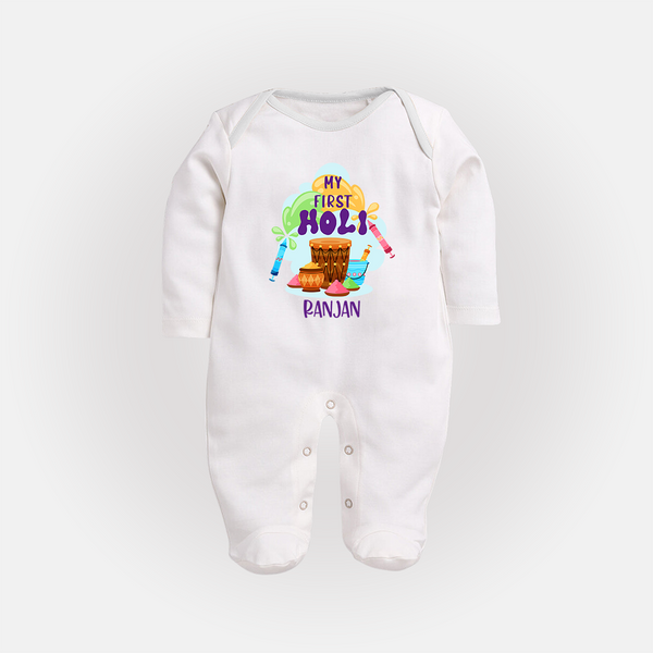 My First Holi - Sprinkled With Love & Colors With Our Customized Sleep Suit For Babies With Name - WHITE - New Born (Chest 7.5")