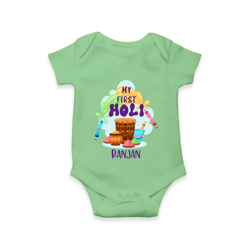 My First Holi - Sprinkled With Love & Colors With Our Customized Romper For Babies With Name - GREEN - 0 - 3 Months Old (Chest 16")