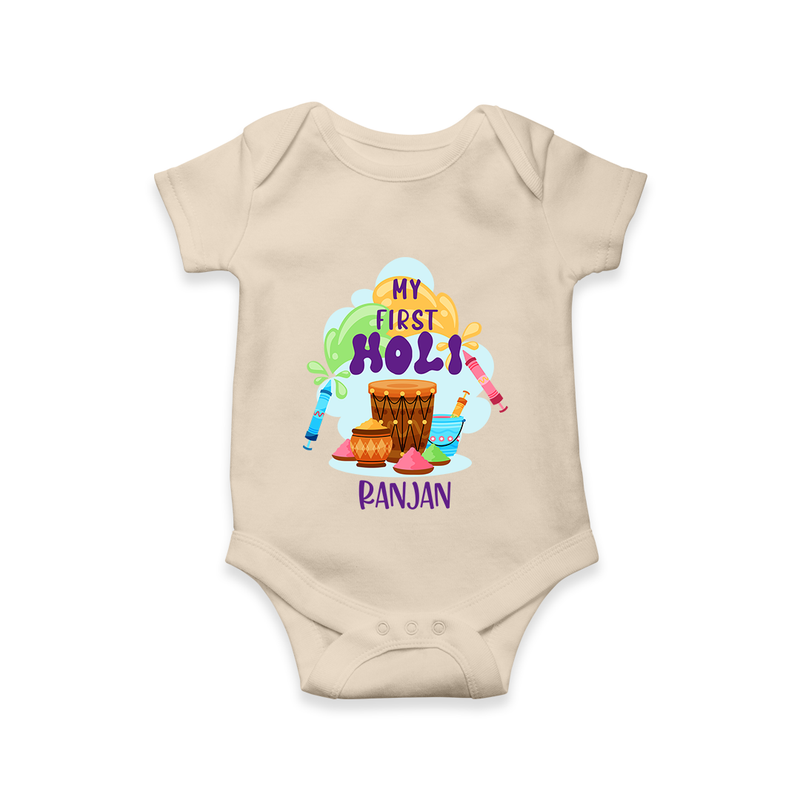 My First Holi - Sprinkled With Love & Colors With Our Customized Romper For Babies With Name - IVORY - 0 - 3 Months Old (Chest 16")