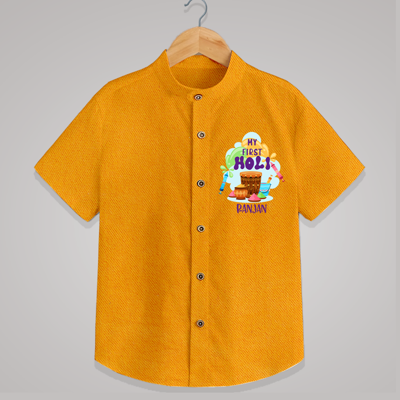 My First Holi - Sprinkled With Love & Colors With Our Customized Shirt For Kids With Name - CHROME YELLOW - 0 - 6 Months Old (Chest 23")