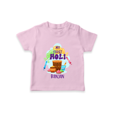 My First Holi - Sprinkled With Love & Colors With Our Customized T-Shirt For Kids With Name - PINK - 0-5 Months Old (Chest 17")