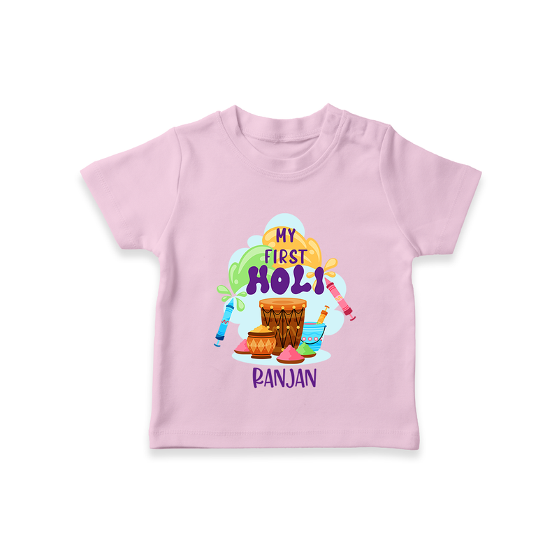 My First Holi - Sprinkled With Love & Colors With Our Customized T-Shirt For Kids With Name - PINK - 0-5 Months Old (Chest 17")