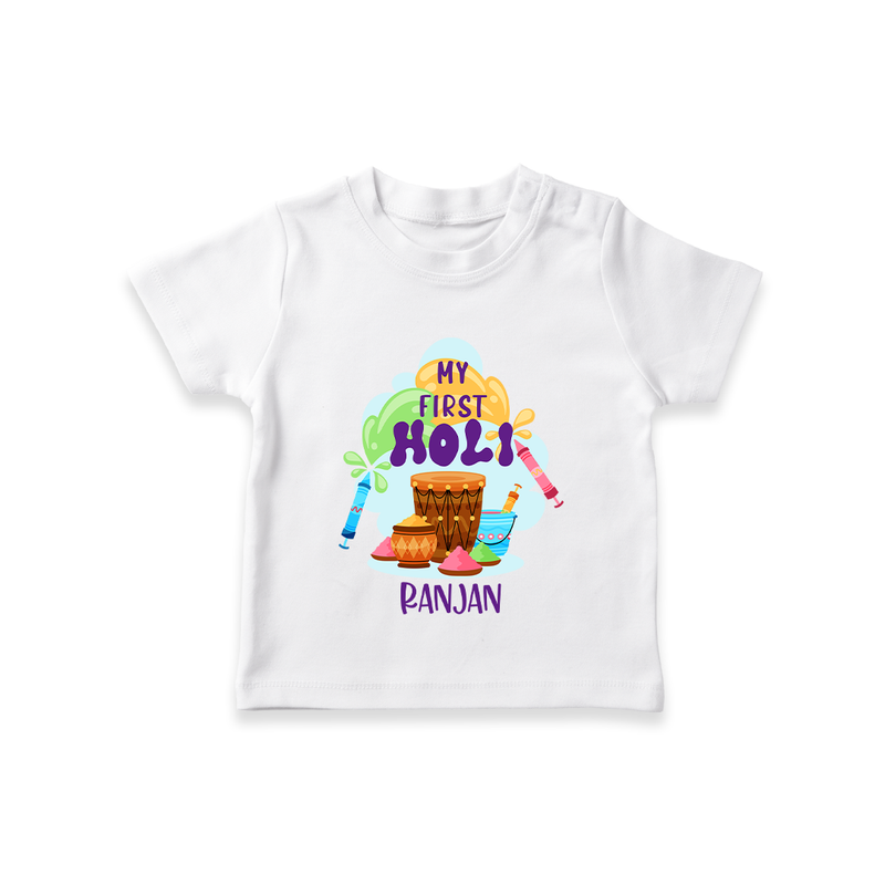 My First Holi - Sprinkled With Love & Colors With Our Customized T-Shirt For Kids With Name - WHITE - 0-5 Months Old (Chest 17")