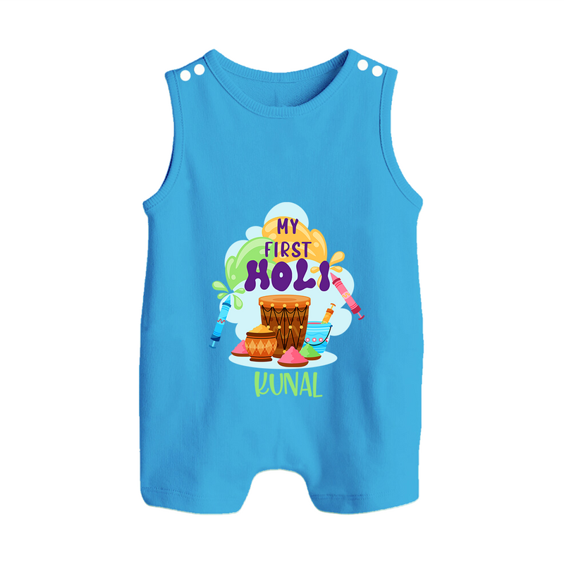 My First Holi - Sprinkled With Love & Colors With Our Customized Romper Suit For Babies With Name - ROYAL BLUE - 0 - 5 Months Old (Chest 18")