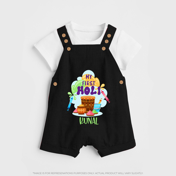 My First Holi - Sprinkled With Love & Colors With Our Customized Dungaree Set For Kids With Name - BLACK - 0 - 5 Months Old (Chest 18")