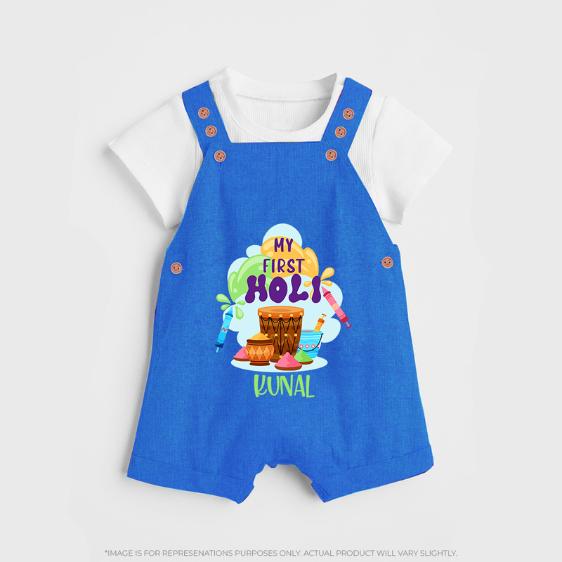 My First Holi - Sprinkled With Love & Colors With Our Customized Dungaree Set For Kids With Name - COBALT BLUE - 0 - 5 Months Old (Chest 18")