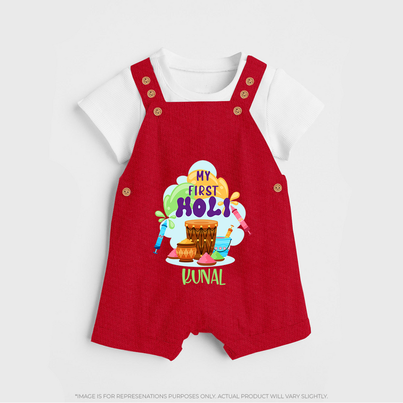 My First Holi - Sprinkled With Love & Colors With Our Customized Dungaree Set For Kids With Name - RED - 0 - 5 Months Old (Chest 18")