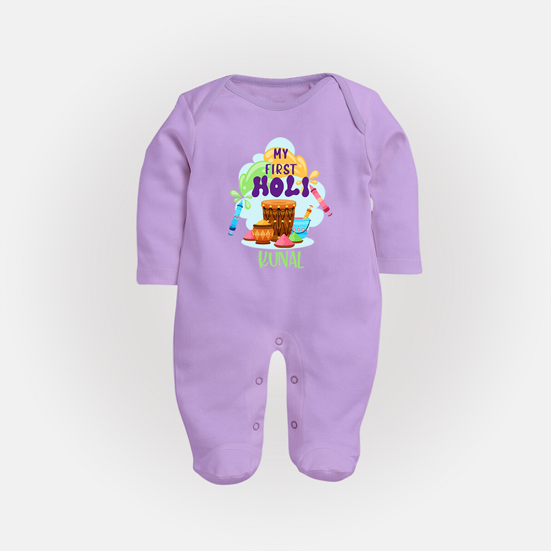 My First Holi - Sprinkled With Love & Colors With Our Customized Sleep Suit For Babies With Name - LILAC - New Born (Chest 7.5")