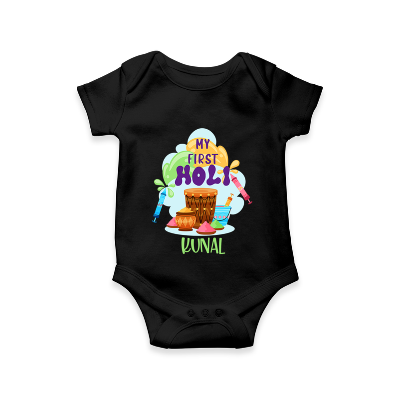 My First Holi - Sprinkled With Love & Colors With Our Customized Romper For Babies With Name - BLACK - 0 - 3 Months Old (Chest 16")