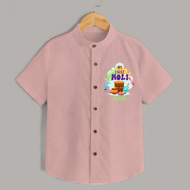 My First Holi - Sprinkled With Love & Colors With Our Customized Shirt For Kids With Name - PEACH - 0 - 6 Months Old (Chest 23")