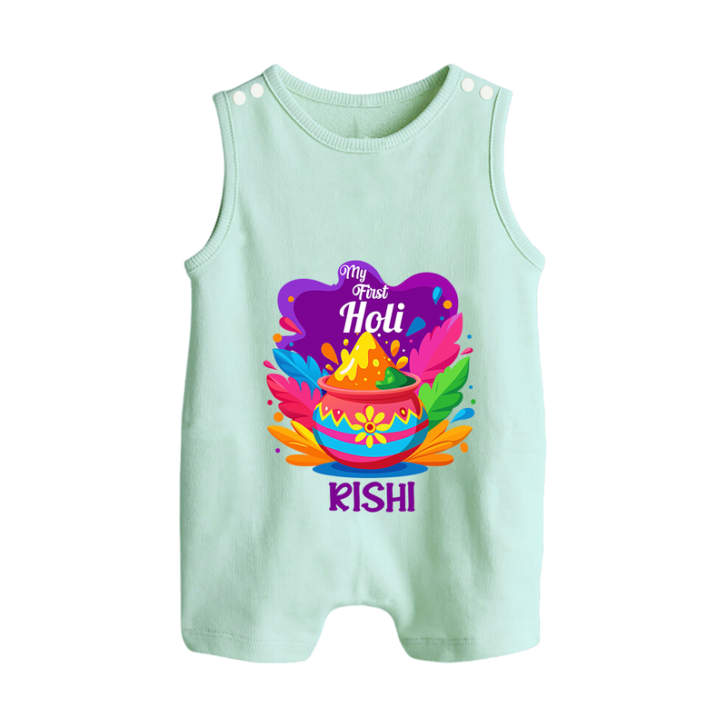 My First Holi - Laugh, Play & Splash In Colors With Our Customized Romper Suit For Babies With Name - MINT GREEN - 0 - 5 Months Old (Chest 18")