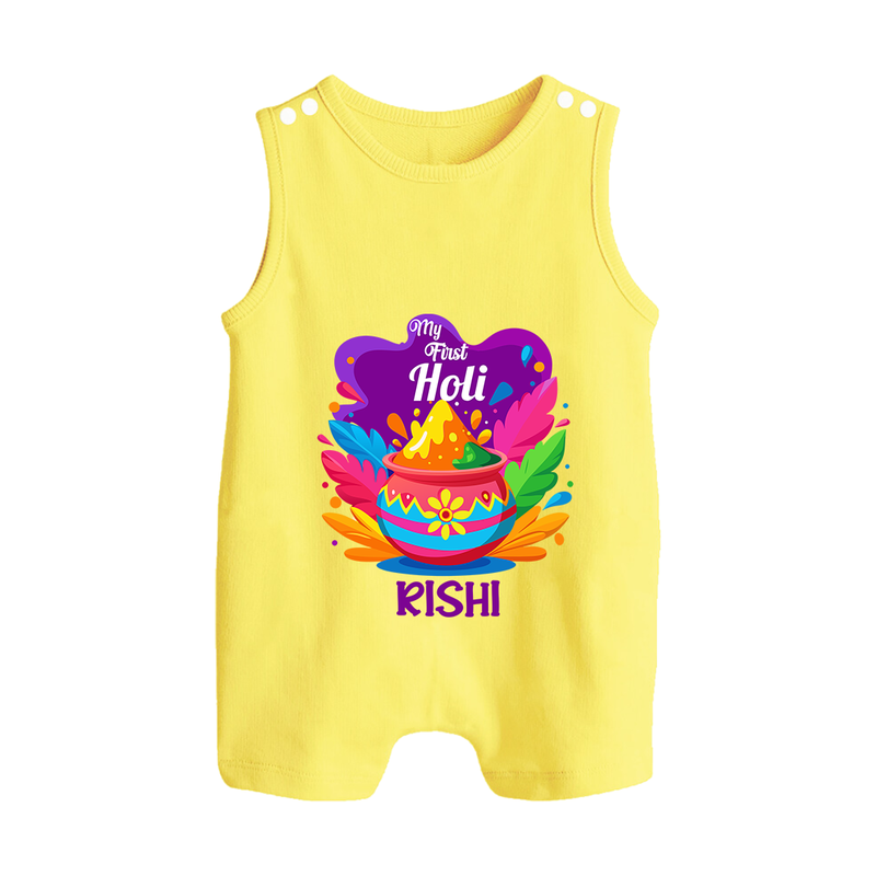 My First Holi - Laugh, Play & Splash In Colors With Our Customized Romper Suit For Babies With Name - PASTEL YELLOW - 0 - 5 Months Old (Chest 18")