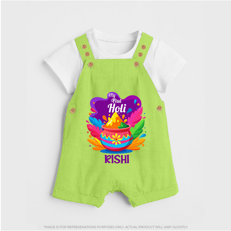 My First Holi - Laugh, Play & Splash In Colors With Our Customized Dungaree Set For Kids With Name - GREEN - 0 - 5 Months Old (Chest 18")