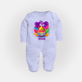 My First Holi - Laugh, Play & Splash In Colors With Our Customized Sleep Suit For Babies With Name - BABY BLUE - New Born (Chest 7.5")