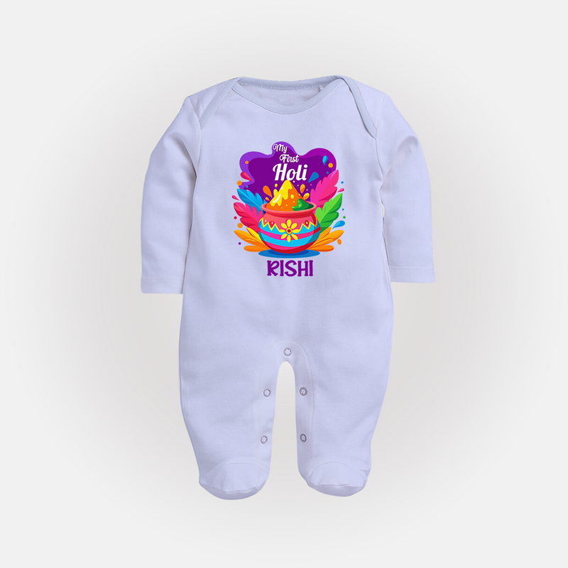 My First Holi - Laugh, Play & Splash In Colors With Our Customized Sleep Suit For Babies With Name - BABY BLUE - New Born (Chest 7.5")