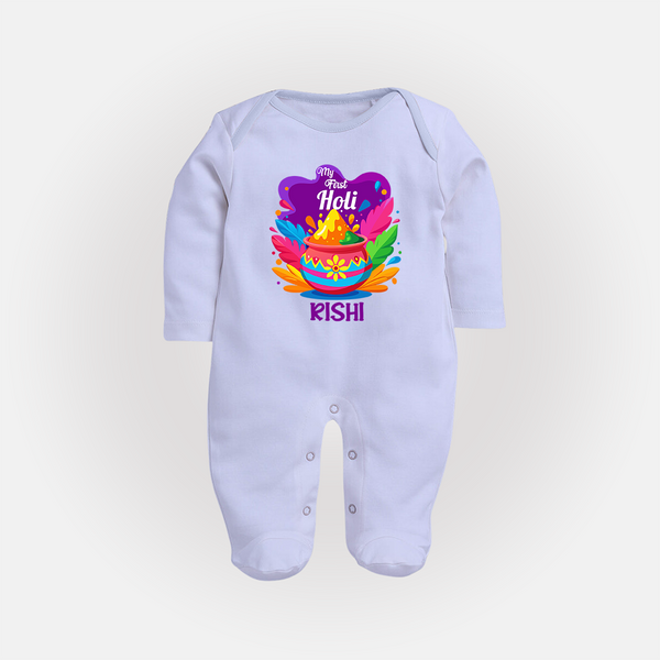 My First Holi Personalized Baby Fullbody Suit – Festive Pot Design - BABY BLUE - New Born (Chest 7.5")
