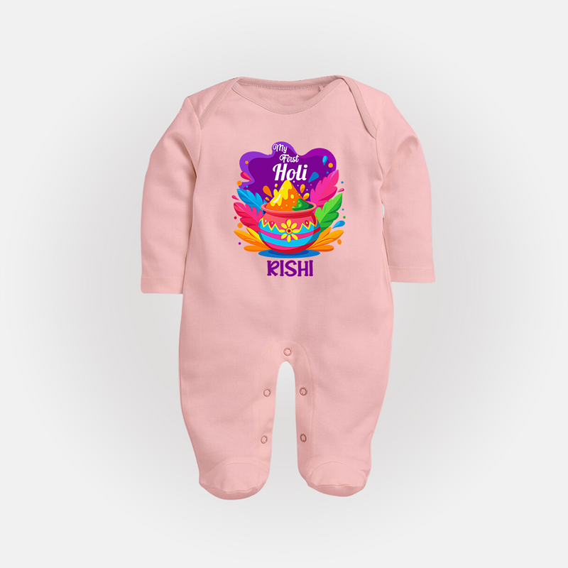 My First Holi - Laugh, Play & Splash In Colors With Our Customized Sleep Suit For Babies With Name - BABY PINK - New Born (Chest 7.5")