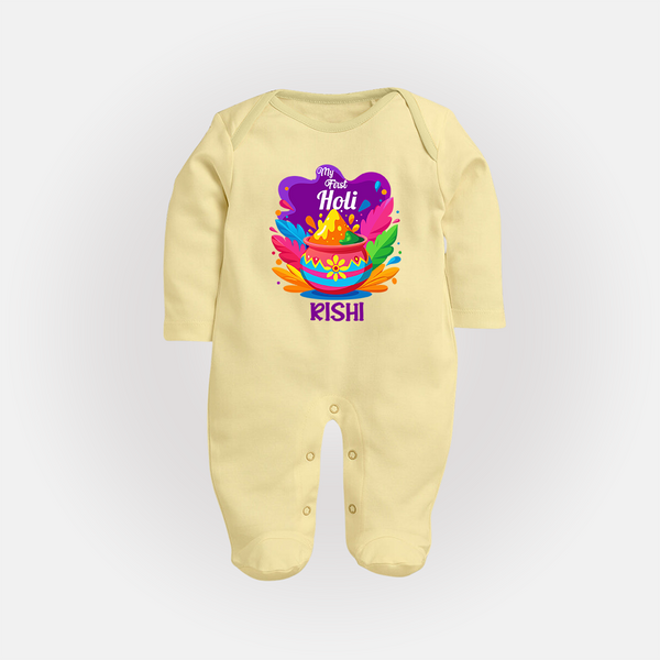 My First Holi Personalized Baby Fullbody Suit – Festive Pot Design - PASTEL YELLOW - New Born (Chest 7.5")