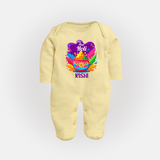 My First Holi - Laugh, Play & Splash In Colors With Our Customized Sleep Suit For Babies With Name - PASTEL YELLOW - New Born (Chest 7.5")