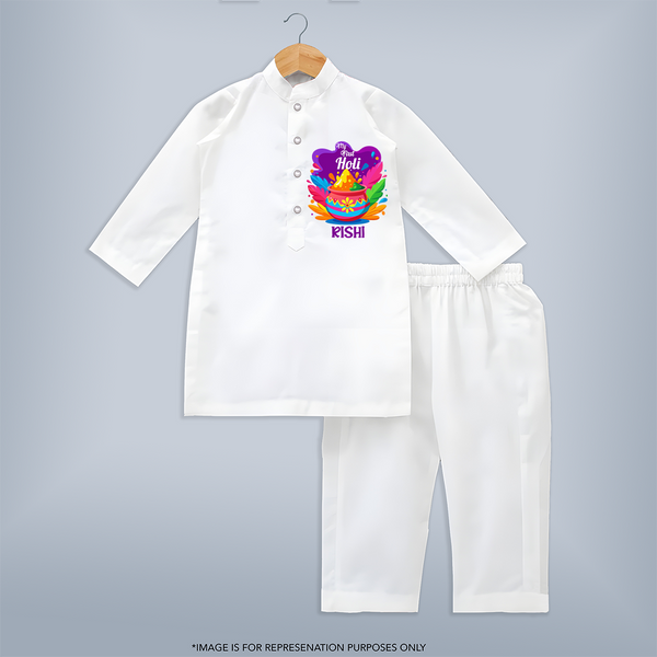 My First Holi - Laugh, Play & Splash In Colors With Our Customized Kurta For Kids With Name - WHITE - 3 - 6 Months Old (Chest 24", Kurta Length 14'', Waist 19", Pant Length 14")