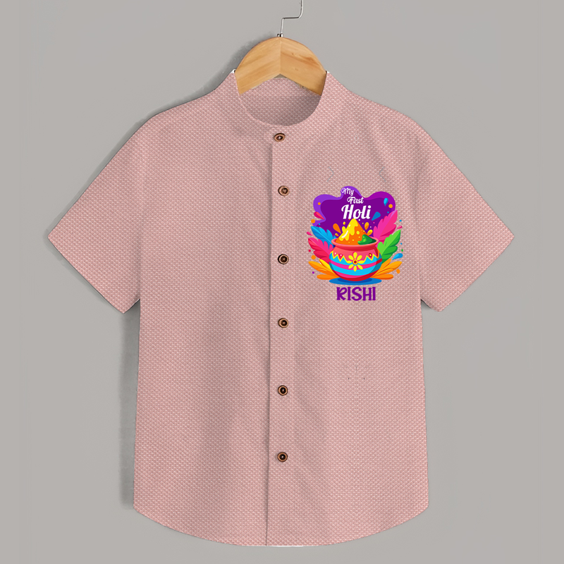 My First Holi - Laugh, Play & Splash In Colors With Our Customized Shirt For Kids With Name - PEACH - 0 - 6 Months Old (Chest 23")