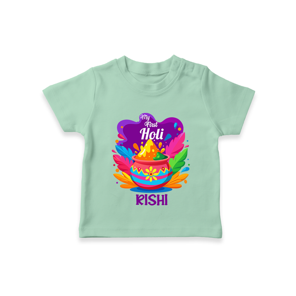 My First Holi - Laugh, Play & Splash In Colors With Our Customized T-Shirt For Kids With Name - MINT GREEN - 0-5 Months Old (Chest 17")