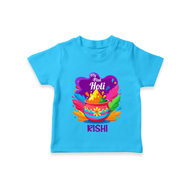 My First Holi - Laugh, Play & Splash In Colors With Our Customized T-Shirt For Kids With Name - SKY BLUE - 0-5 Months Old (Chest 17")