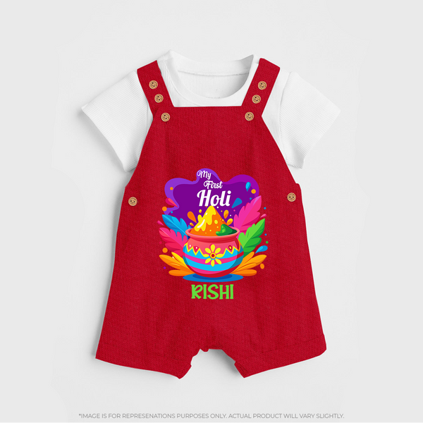 My First Holi - Laugh, Play & Splash In Colors With Our Customized Dungaree Set For Kids With Name - RED - 0 - 5 Months Old (Chest 18")