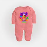 My First Holi - Laugh, Play & Splash In Colors With Our Customized Sleep Suit For Babies With Name - PEACH - New Born (Chest 7.5")