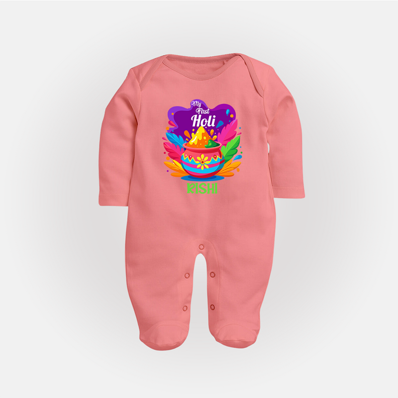 My First Holi - Laugh, Play & Splash In Colors With Our Customized Sleep Suit For Babies With Name - PEACH - New Born (Chest 7.5")