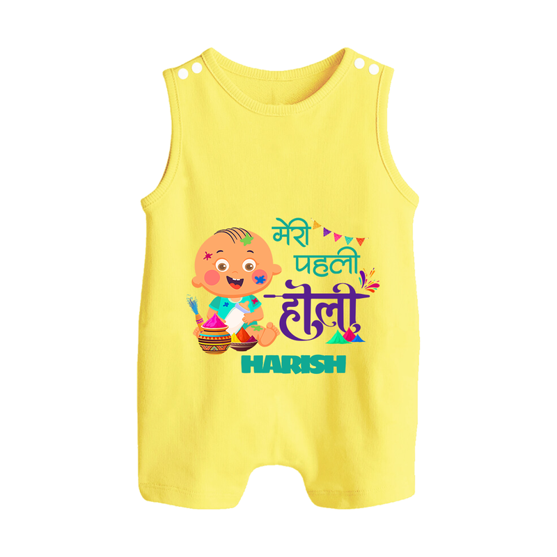 My First Holi - Painted In Love & Happiness With Our Customized Romper Suit For Babies With Name - PASTEL YELLOW - 0 - 5 Months Old (Chest 18")