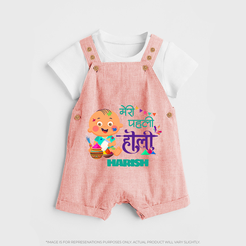 My First Holi - Painted In Love & Happiness With Our Customized Dungaree Set For Kids With Name - PEACH - 0 - 5 Months Old (Chest 18")