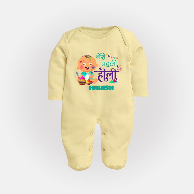 My First Holi - Painted In Love & Happiness With Our Customized Sleep Suit For Babies With Name - PASTEL YELLOW - New Born (Chest 7.5")