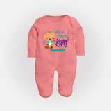 My First Holi - Painted In Love & Happiness With Our Customized Sleep Suit For Babies With Name - PEACH - New Born (Chest 7.5")