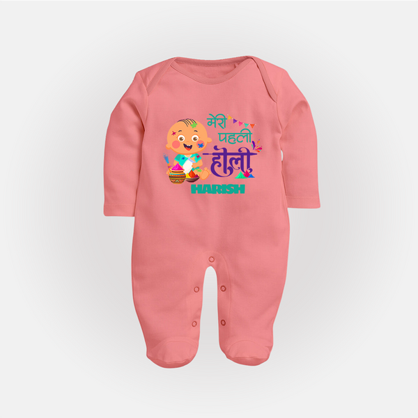 My First Holi in hindi version Personalized Kids Fullbody Suit - PEACH - New Born (Chest 7.5")