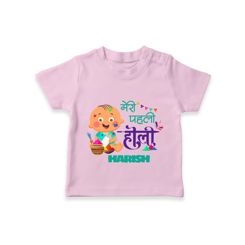 My First Holi - Painted In Love & Happiness With Our Customized T-Shirt For Kids With Name - PINK - 0-5 Months Old (Chest 17")