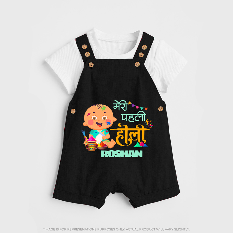 My First Holi - Painted In Love & Happiness With Our Customized Dungaree Set For Kids With Name - BLACK - 0 - 5 Months Old (Chest 18")