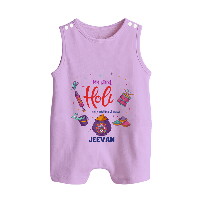 My First Holi - A Colorful Start To Celebrations With Our Customized Romper Suit For Babies With Name - LILAC - 0 - 5 Months Old (Chest 18")