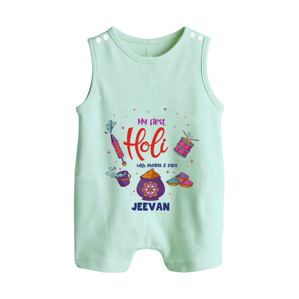 My First Holi - A Colorful Start To Celebrations With Our Customized Romper Suit For Babies With Name - MINT GREEN - 0 - 5 Months Old (Chest 18")