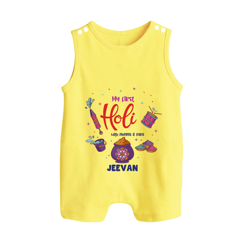 My First Holi - A Colorful Start To Celebrations With Our Customized Romper Suit For Babies With Name - PASTEL YELLOW - 0 - 5 Months Old (Chest 18")