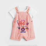 My First Holi - A Colorful Start To Celebrations With Our Customized Dungaree Set For Kids With Name - PEACH - 0 - 5 Months Old (Chest 18")