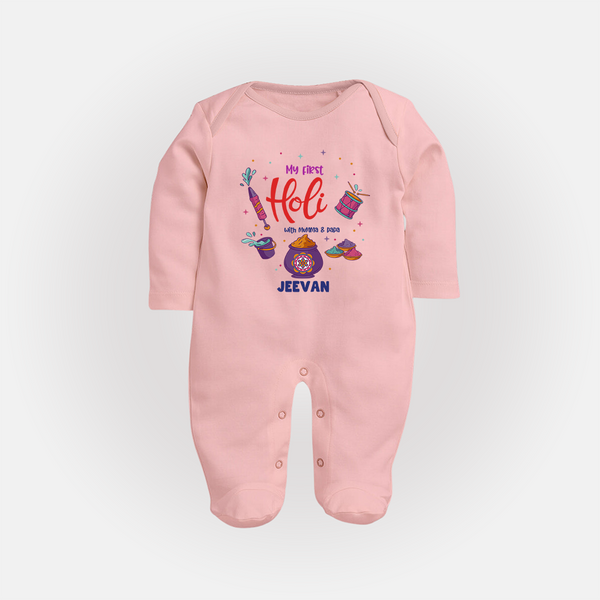 First Holi Special Custom Name Fullbody Suit - BABY PINK - New Born (Chest 7.5")