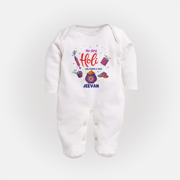 First Holi Special Custom Name Fullbody Suit - WHITE - New Born (Chest 7.5")