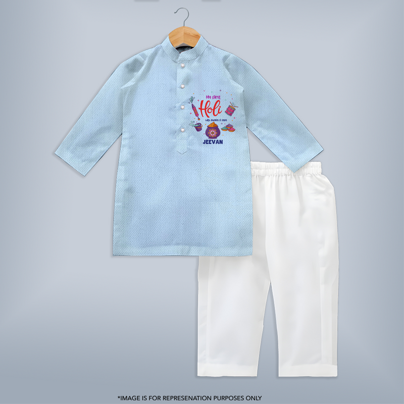 My First Holi - A Colorful Start To Celebrations With Our Customized Kurta For Kids With Name - SKY BLUE - 3 - 6 Months Old (Chest 24", Kurta Length 14'', Waist 19", Pant Length 14")