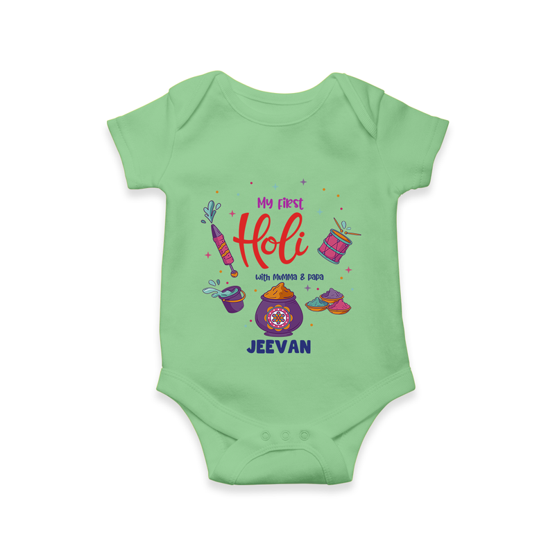 My First Holi - A Colorful Start To Celebrations With Our Customized Romper For Babies With Name - GREEN - 0 - 3 Months Old (Chest 16")