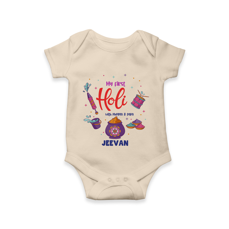 My First Holi - A Colorful Start To Celebrations With Our Customized Romper For Babies With Name - IVORY - 0 - 3 Months Old (Chest 16")