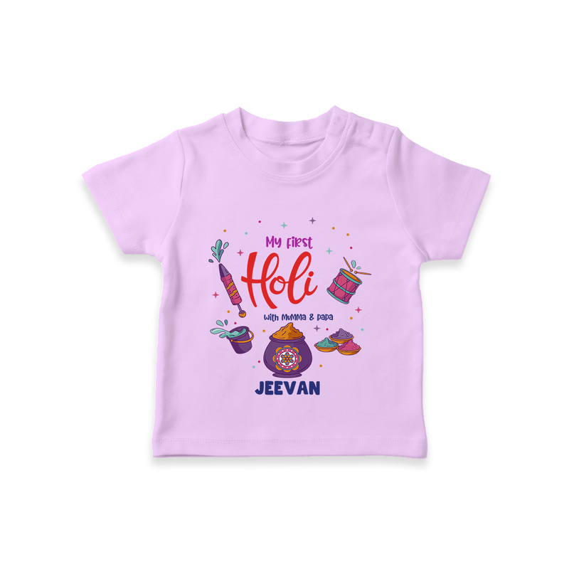 My First Holi - A Colorful Start To Celebrations With Our Customized T-Shirt For Kids With Name - LILAC - 0-5 Months Old (Chest 17")