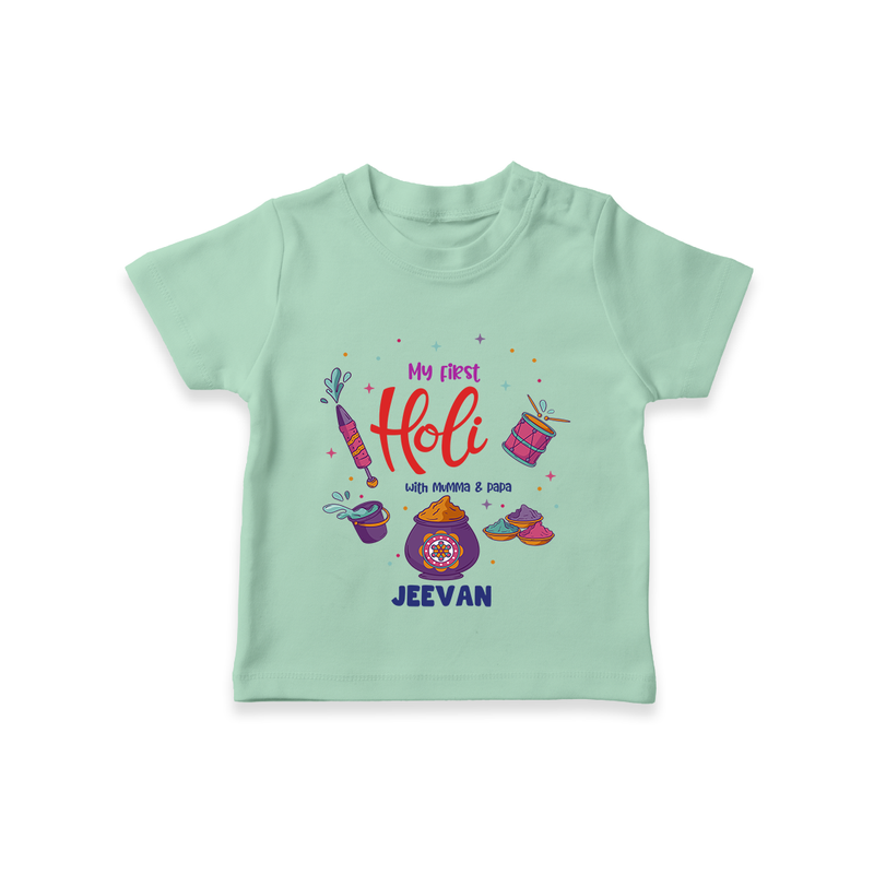 My First Holi - A Colorful Start To Celebrations With Our Customized T-Shirt For Kids With Name - MINT GREEN - 0-5 Months Old (Chest 17")