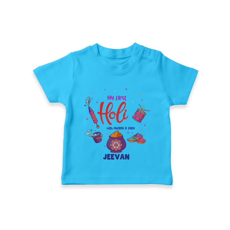 My First Holi - A Colorful Start To Celebrations With Our Customized T-Shirt For Kids With Name - SKY BLUE - 0-5 Months Old (Chest 17")