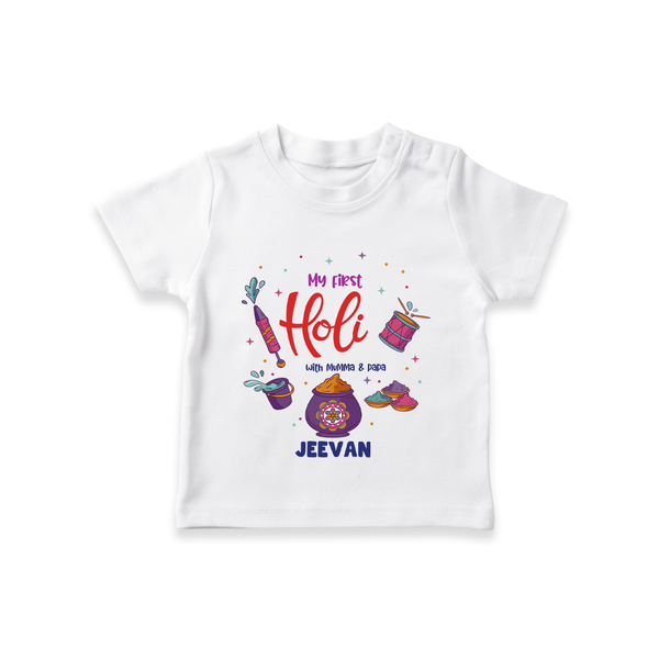 My First Holi - A Colorful Start To Celebrations With Our Customized T-Shirt For Kids With Name - WHITE - 0-5 Months Old (Chest 17")